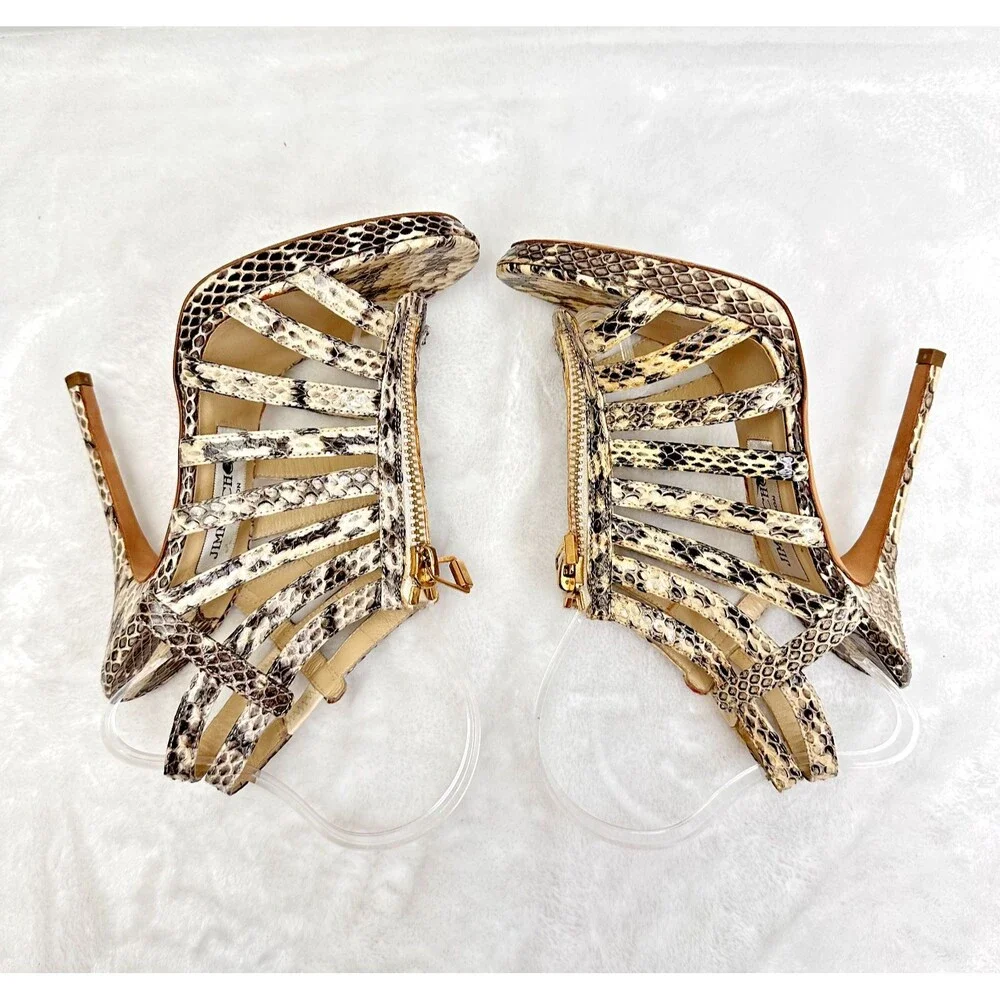 Jimmy Choo Women's Snakeskin Heels Strappy Sandals Front Gold Zip Python SZ 37 - Picture 9 of 14